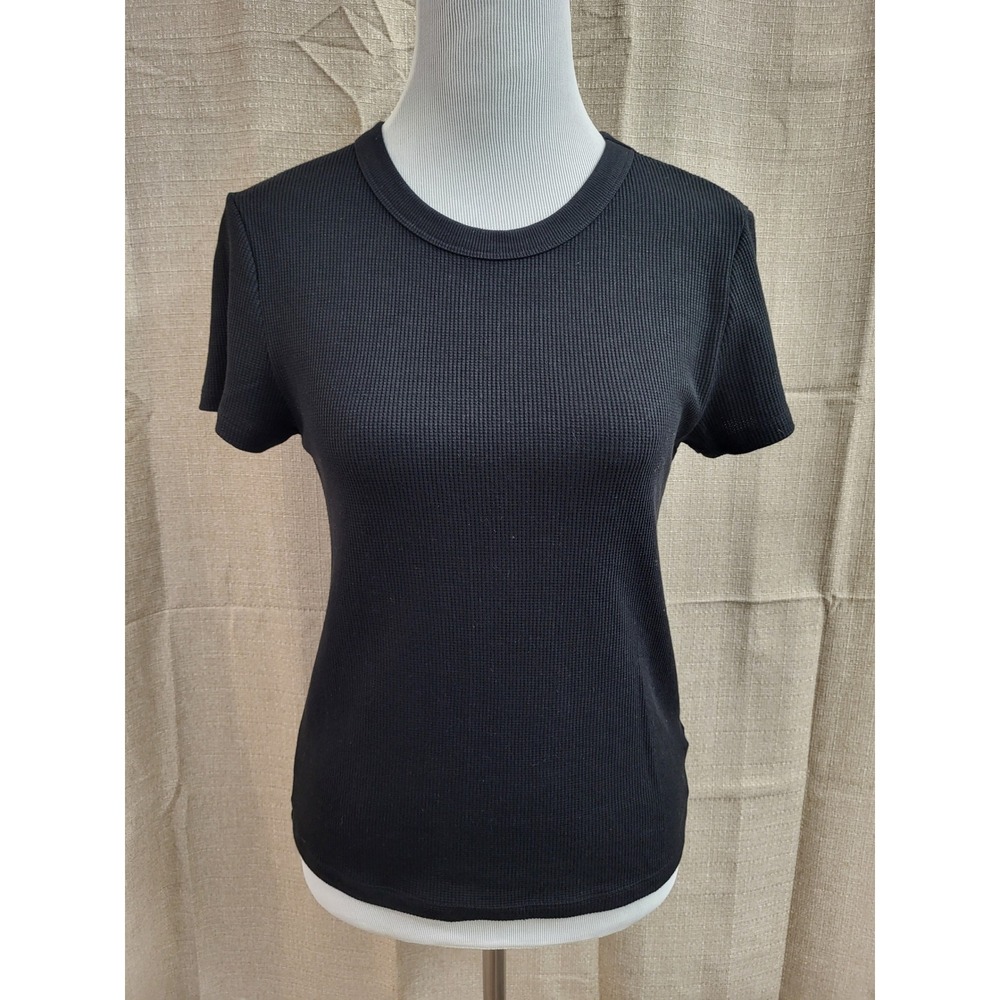 American Eagle Women Black Waffle Knit Short Sleeve Crew Neck Baby Top Large
